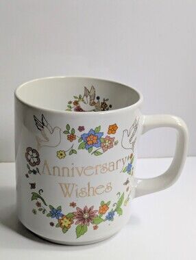 Anniversary Wishes Vintage Enesco Coffee Mug 1984 Japan Birds Flowers Gift Retro